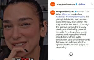 European Democrats: Deklarata e Dua Lipës për “Flamingo Revolution” i dha jehonë ndërkombëtare kauzës për mbrojtjen e mjedisit në Shqipëri